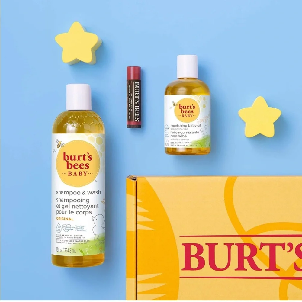 Burt's Bees Gift Set Baby Oil, Baby Shampoo and Wash, Red Dahlia Tinted Lip Balm